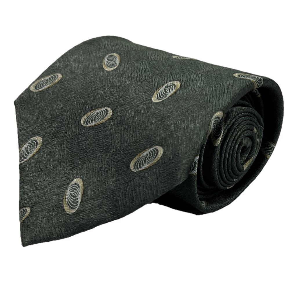 Van Heusen Green Necktie with Cream Geometric Accents 100% Silk